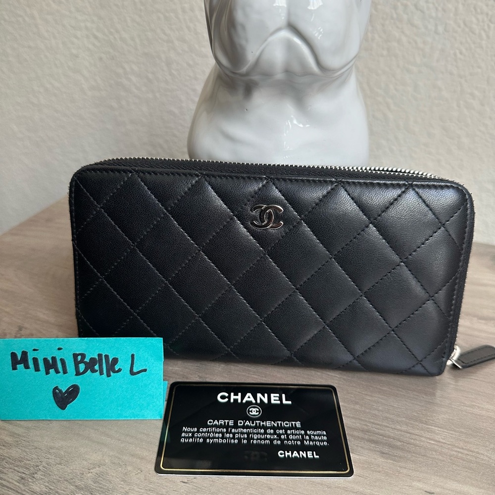 CHANEL Classic Zip Around Wallet Black Quilted Lambskin Silver HW